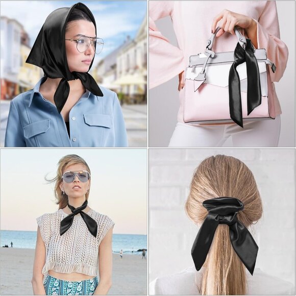Women's Black Silk Feeling Scarf 23.6'' Square Satin Scarf Neck Head Bandana - Picture 7 of 7